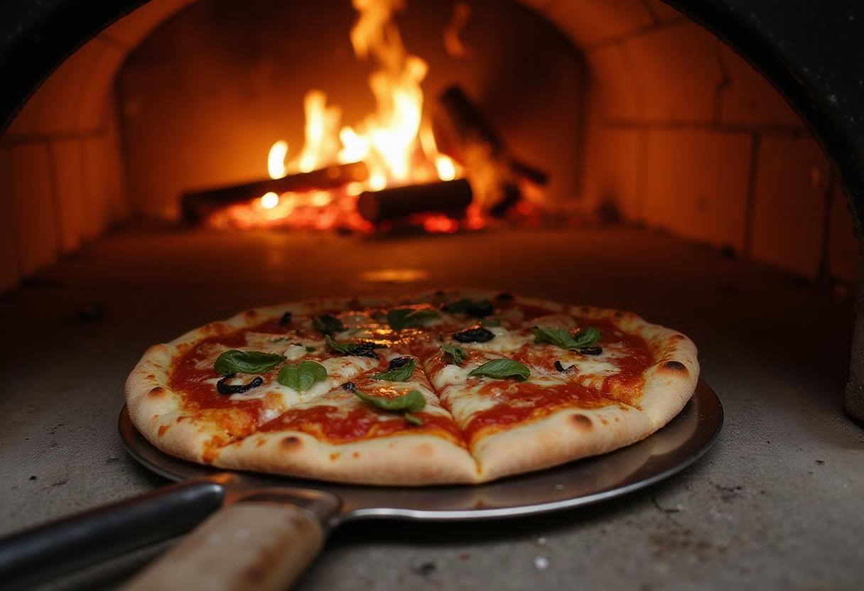Cooking a classic red west pizza in Wilmington, California, in a rustic wood-fired oven, preserving the authentic flavors and cooking techniques.