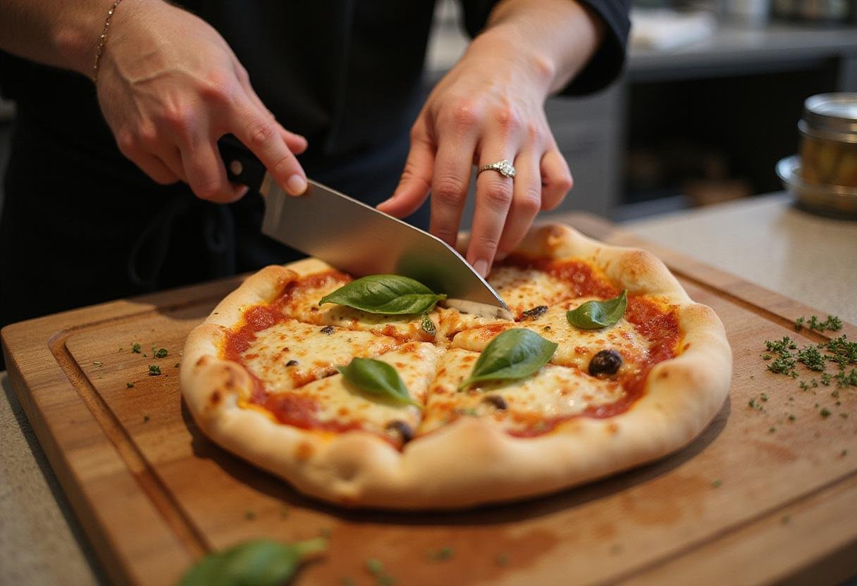 Slicing a mouthwatering red west pizza in Wilmington, California, showcasing the bubbling cheese and vibrant toppings just before serving.