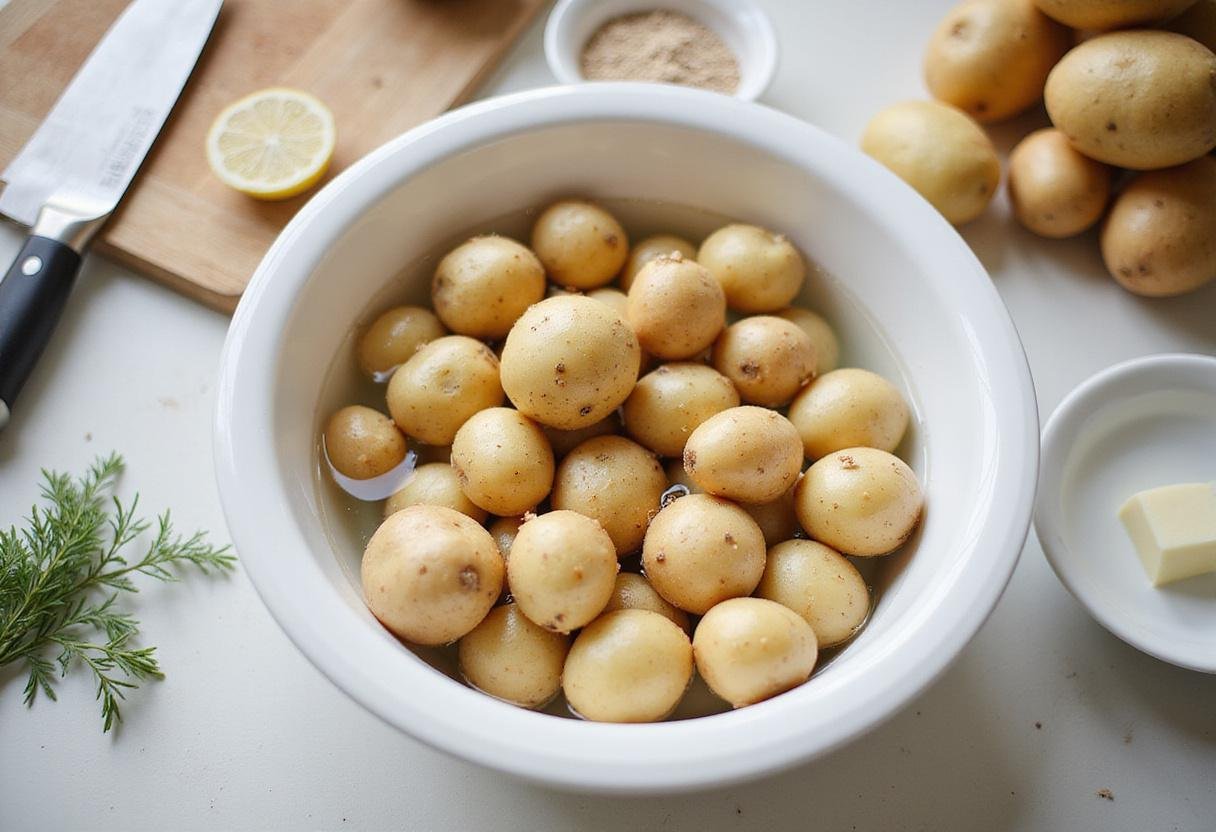 Fresh ingredients for Reser's Potato Salad with washed potatoes ready for preparation.