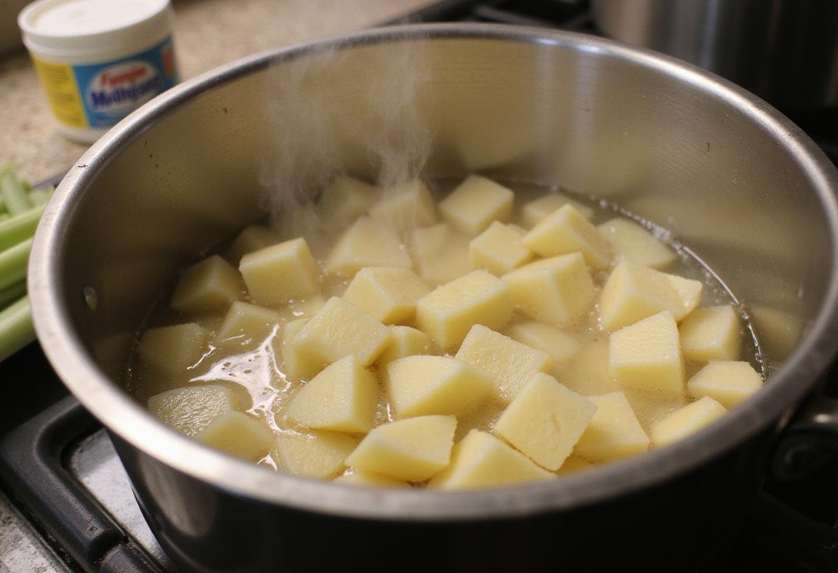 Boiling diced potatoes for Reser's Potato Salad showing the cooking process.