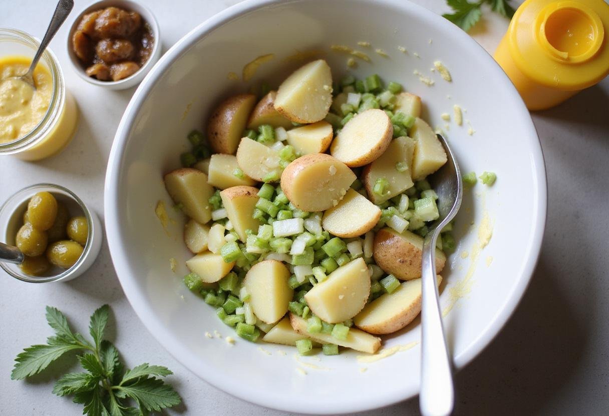 Mixing ingredients for Reser's Potato Salad with boiled potatoes and fresh vegetables.