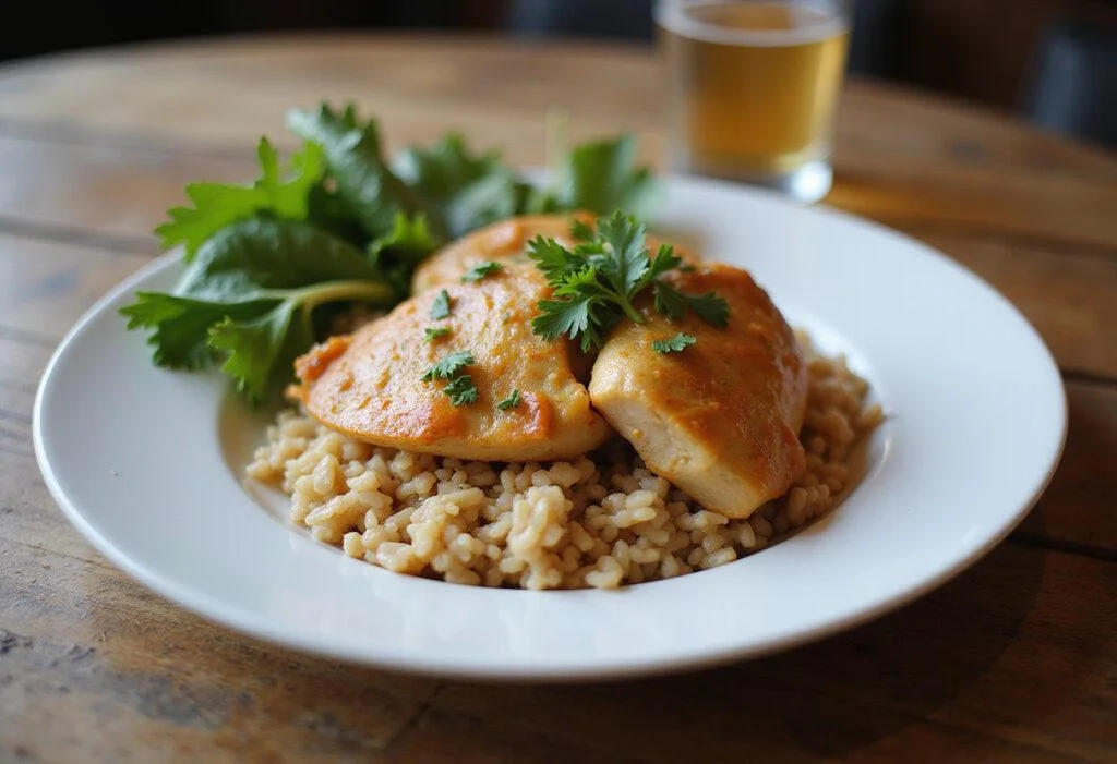 Delicious rice cooker chicken and rice plated, a flavorful and easy meal, perfect for a family dinner.