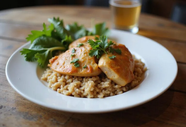 Delicious rice cooker chicken and rice plated, a flavorful and easy meal, perfect for a family dinner.