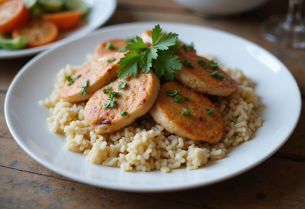 Delicious rice cooker chicken and rice plated, a flavorful and easy meal, perfect for a family dinner.