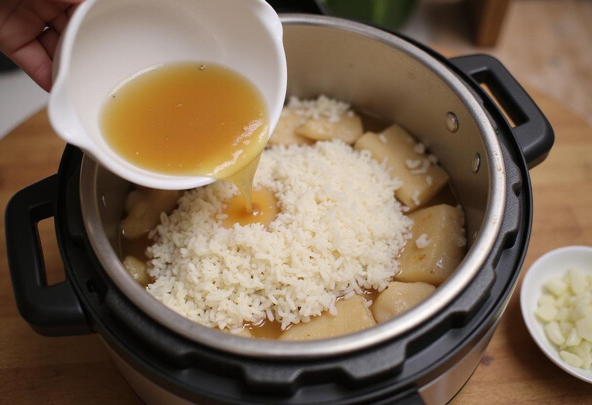 Adding rinsed jasmine rice and chicken broth to the rice cooker for chicken and rice dish, easy cooking method.