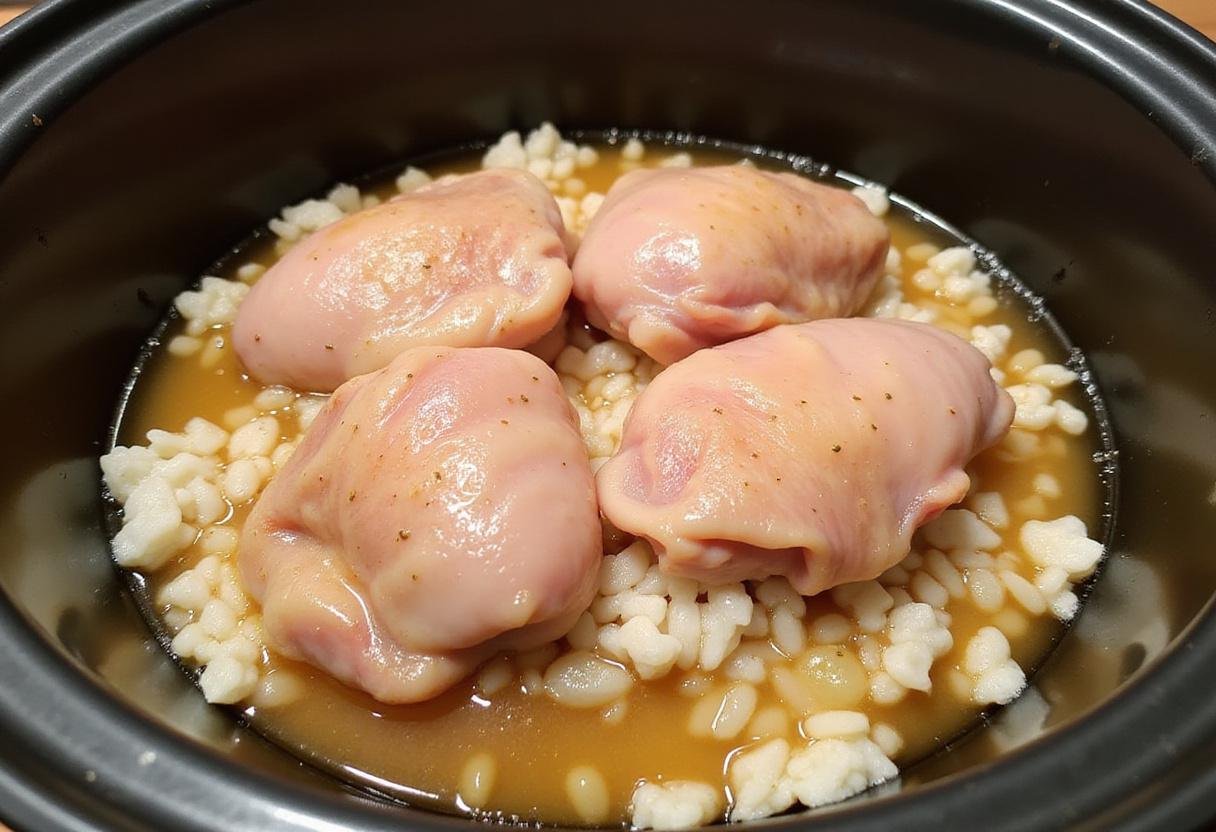 Layering chicken thighs on rice in the rice cooker, preparing a flavorful chicken and rice meal.