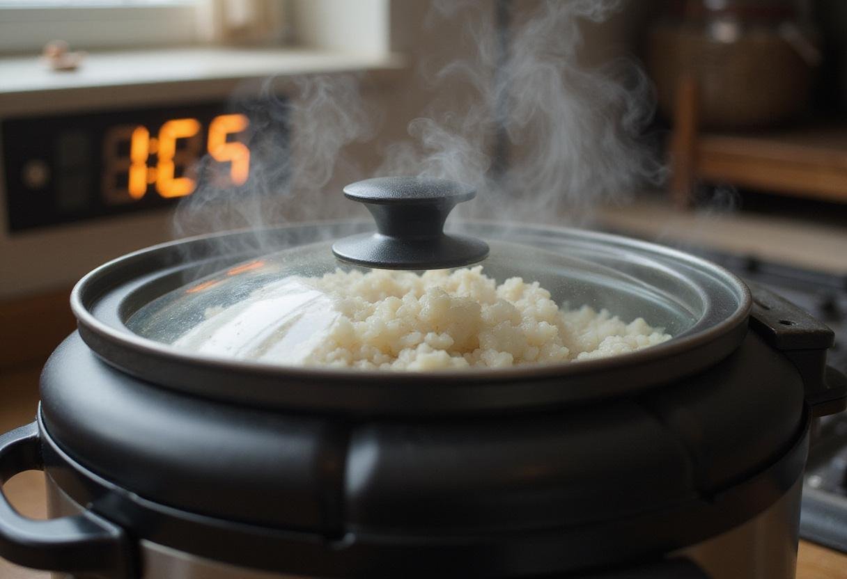 Rice cooker in action, cooking chicken and rice, showcasing a simple and efficient cooking process.