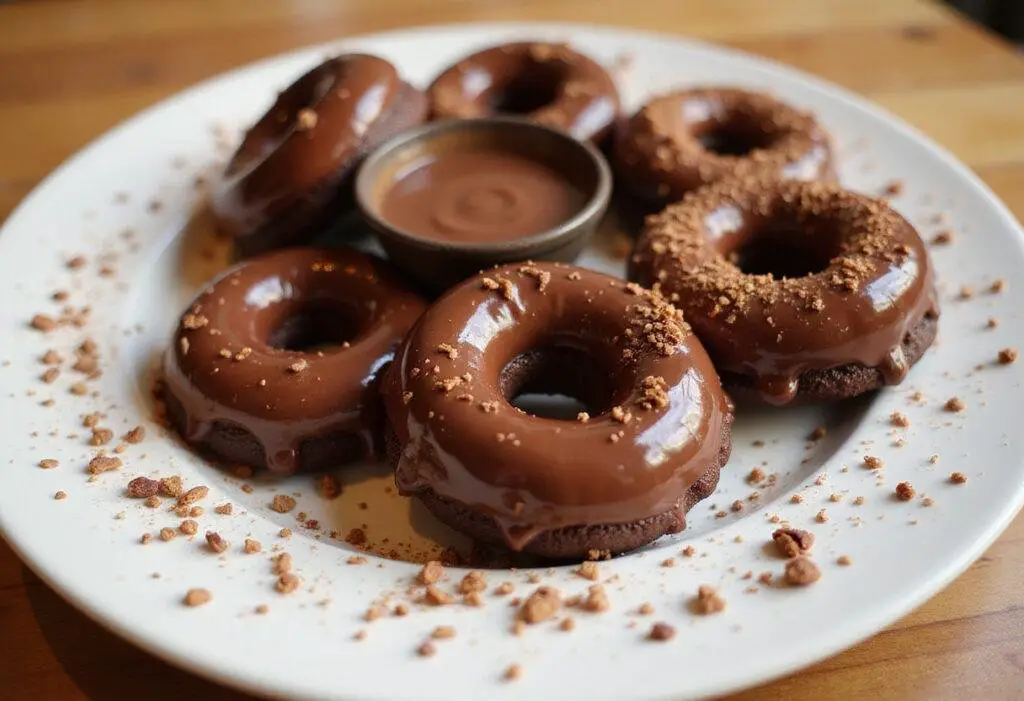 Beautifully presented double chocolate donuts on a plate, showcasing the indulgent chocolate flavor and garnished for a delightful treat.