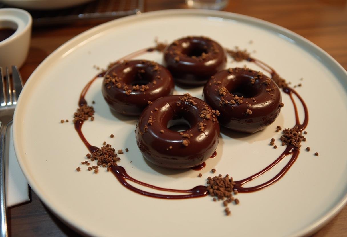 Beautifully presented double chocolate donuts on a plate, showcasing the indulgent chocolate flavor and garnished for a delightful treat.