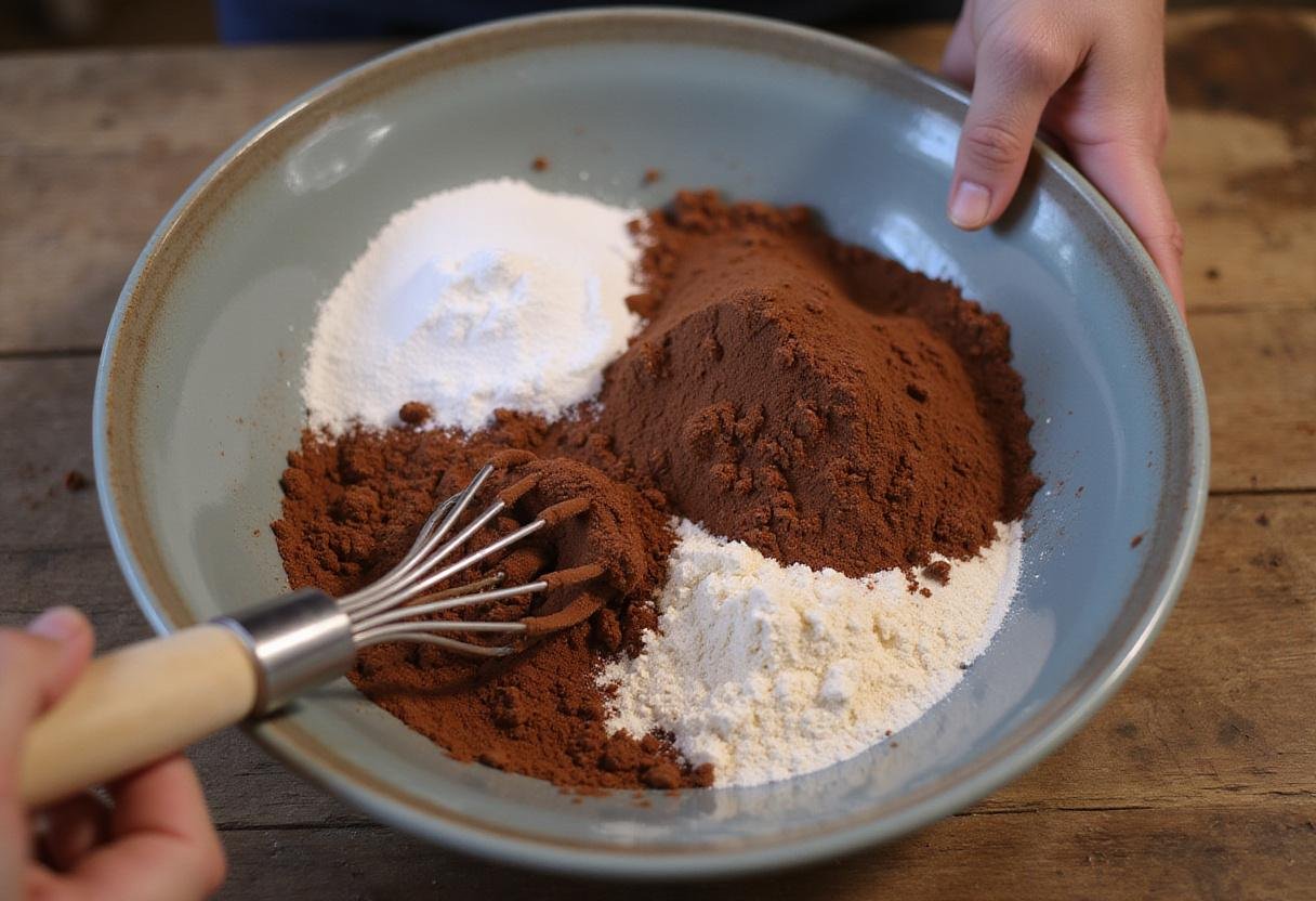 Mixing dry ingredients for double chocolate donut recipe, showcasing flour and cocoa powder on a wooden surface.