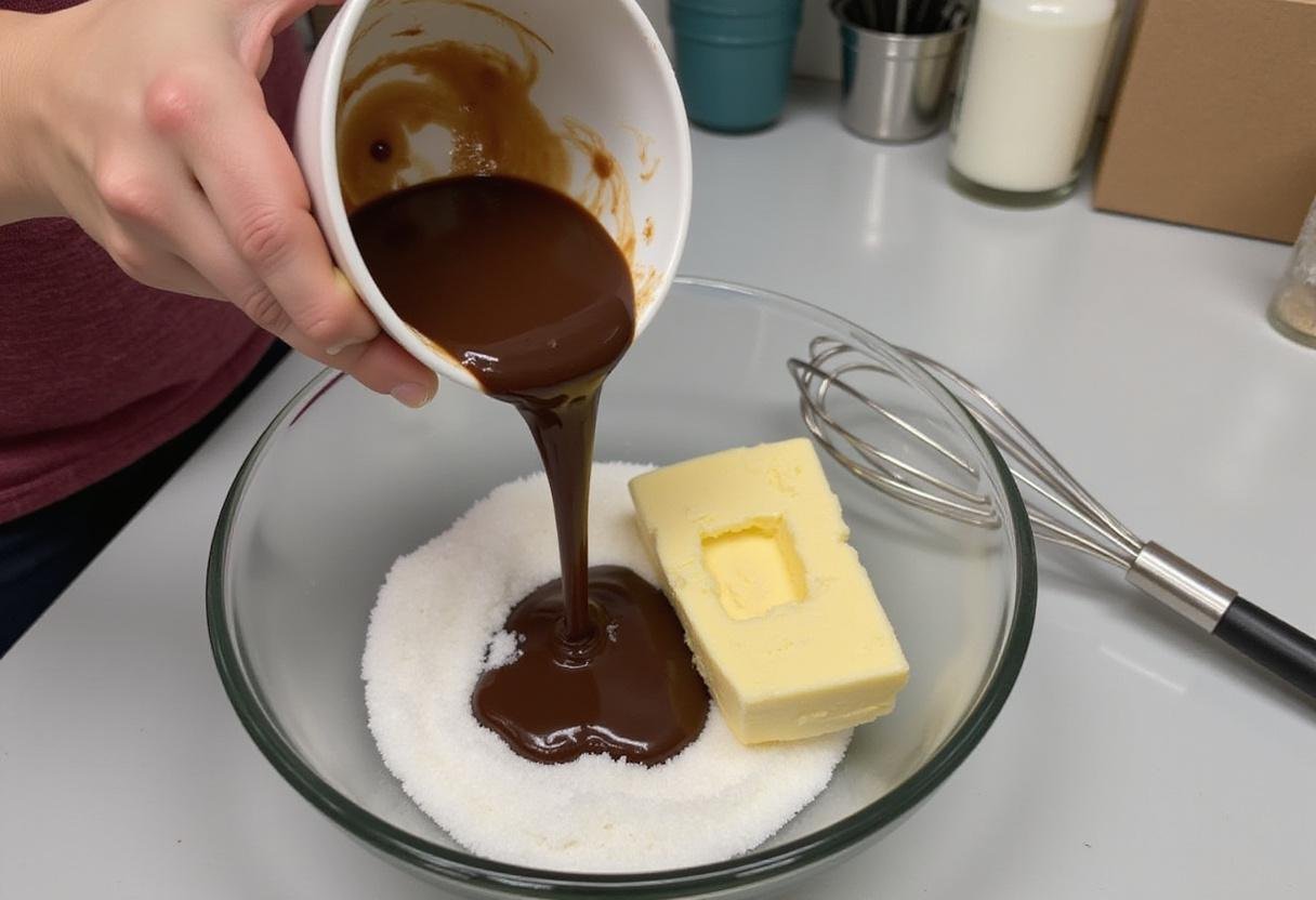 Pouring melted chocolate into the mixture to create a double chocolate donut batter, highlighting rich textures and warm colors.