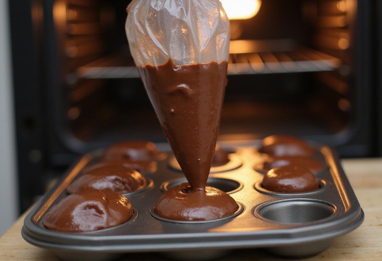 Filling a donut pan with double chocolate batter, capturing the anticipation of baking delicious donuts.