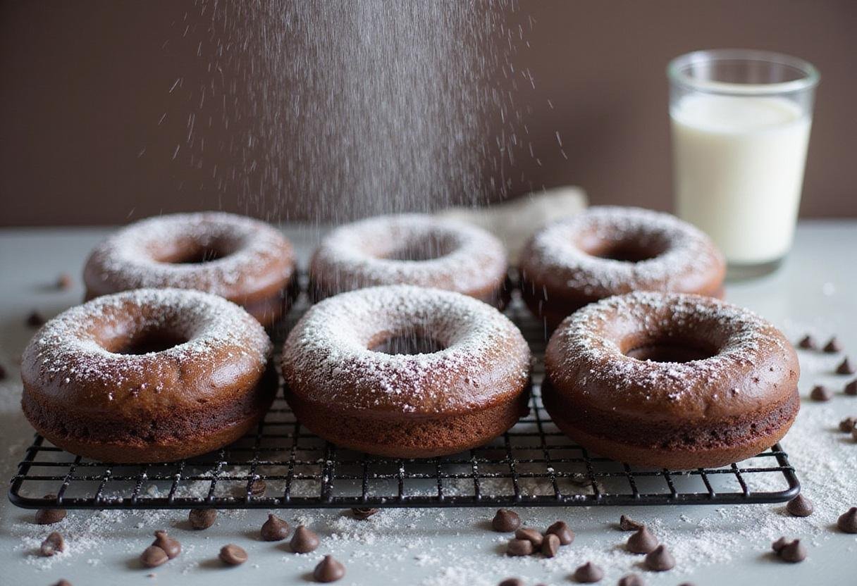 Cooling freshly baked double chocolate donuts with powdered sugar, creating a mouthwatering display perfect for indulgence.