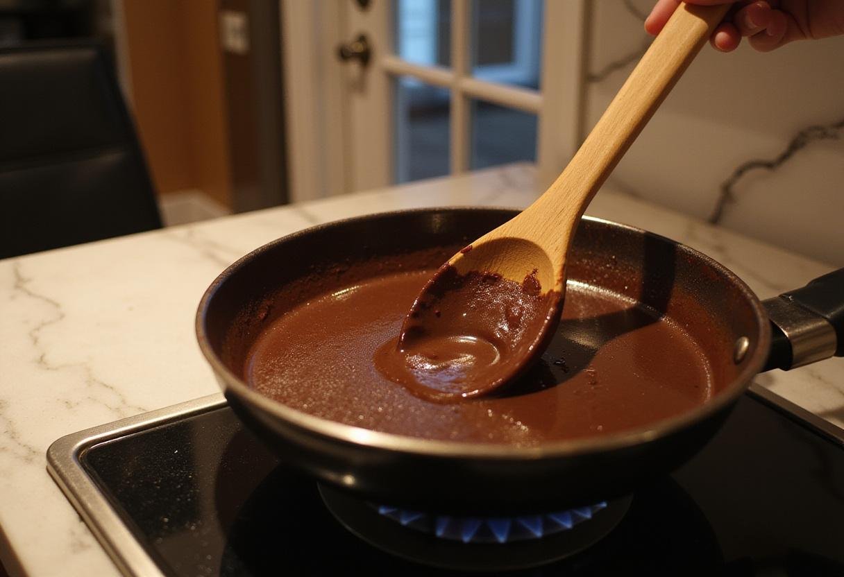 Melted dark chocolate for rich intense chocolate portions in a modern kitchen.