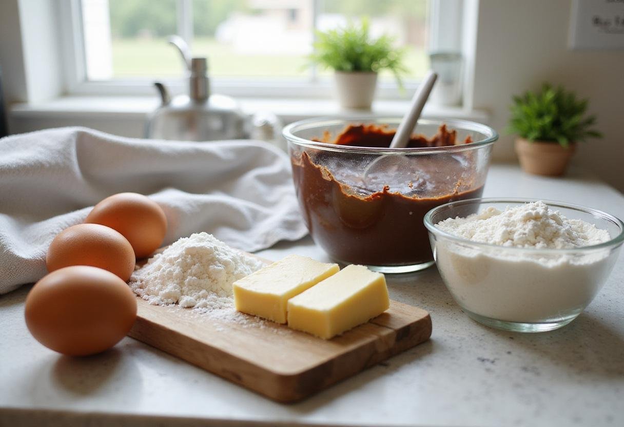 Ingredients for chocolate squares, including sugar, butter, and flour, in a modern kitchen setting.