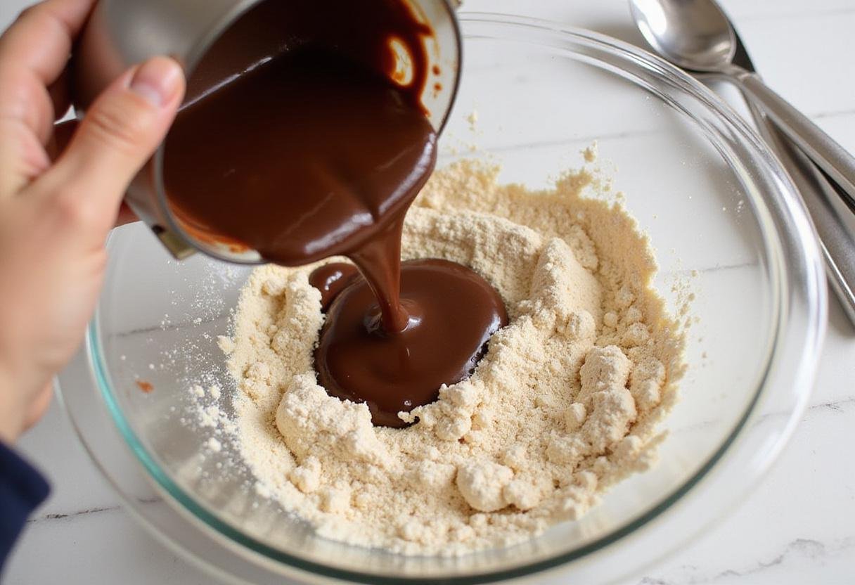 Combining melted chocolate with dry ingredients for an intense chocolate square batter.