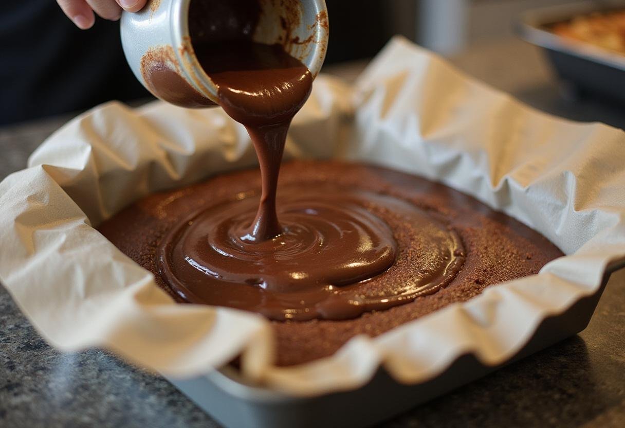 Pouring chocolate batter into a square pan for rich chocolate portions, ready for baking.