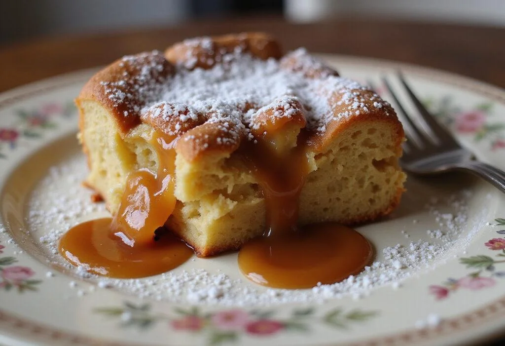 Delicious rich New Orleans bread pudding served with caramel sauce on a plate, perfect for dessert lovers.