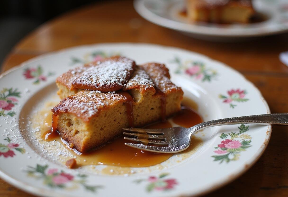 Delicious rich New Orleans bread pudding served with caramel sauce on a plate, perfect for dessert lovers.