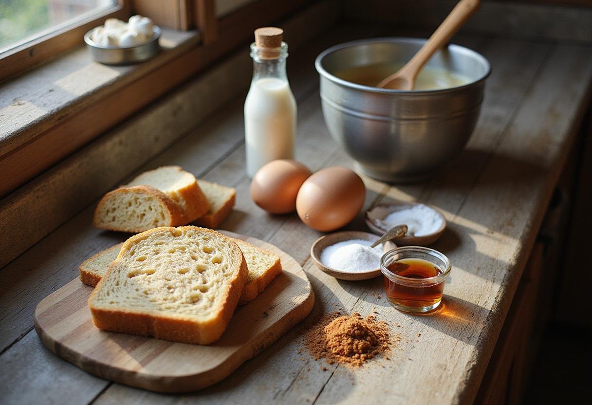 Ingredients gathered for New Orleans bread pudding including French bread, milk, eggs, and sugar in a rustic kitchen setting.