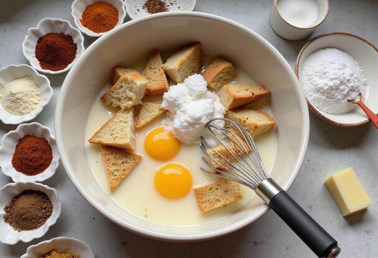 Preparing the base for New Orleans bread pudding by mixing stale French bread with milk and eggs in a cozy kitchen environment.