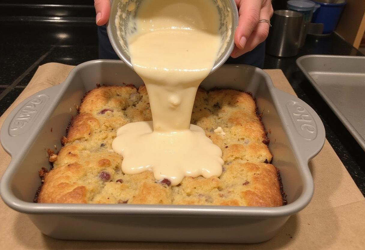Pouring bread pudding mixture into a greased baking dish, showcasing the preparation for a delicious New Orleans bread pudding.