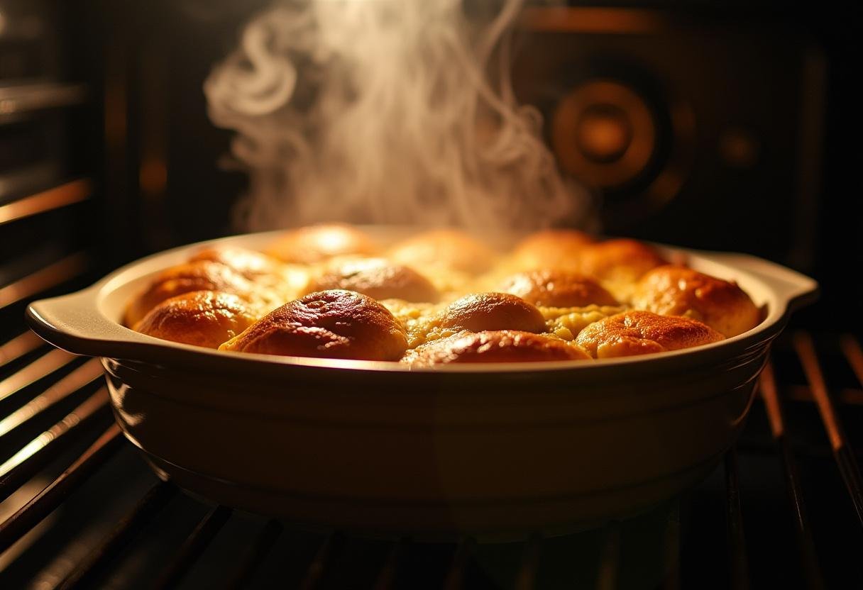 Taking a golden-brown New Orleans bread pudding out of the oven, capturing the essence of homemade comfort food.