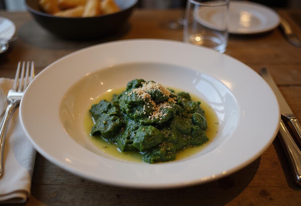 Deliciously rich Ruth Chris creamed spinach served as a gourmet side dish, appealing presentation on a dinner table.