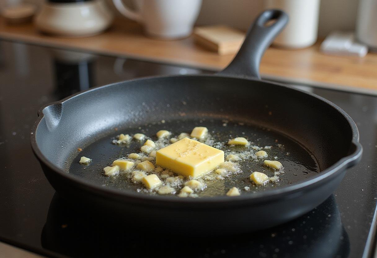 Garlic and butter sautéing for rich Ruth Chris creamed spinach recipe, enhancing the dish's flavor profile.