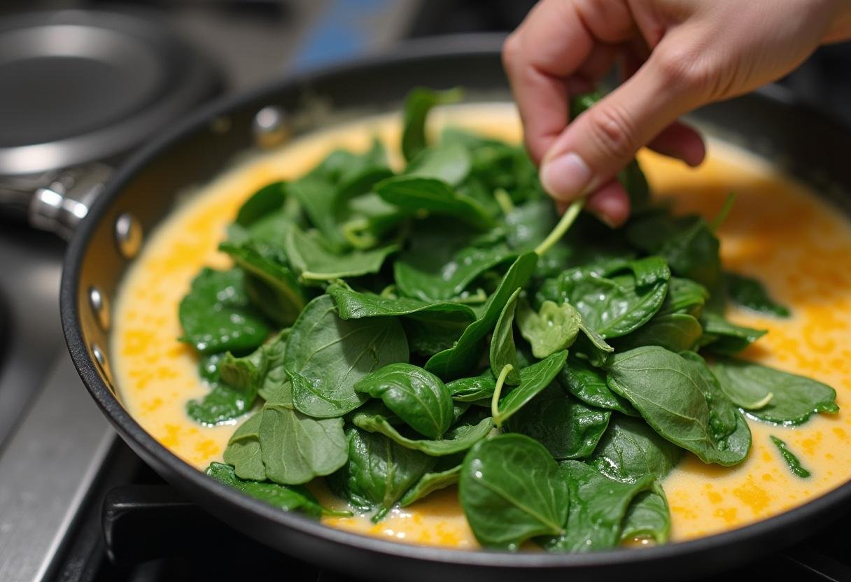 Mixing spinach with cream for a luscious Ruth Chris creamed spinach recipe, exemplifying smooth textures and rich flavors.