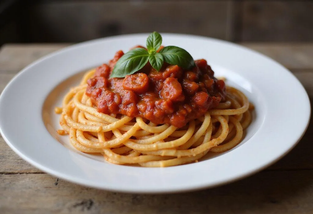 Plated pasta with rich San Marzano tomato sauce, garnished with basil, showcasing the delicious final result of the recipe.