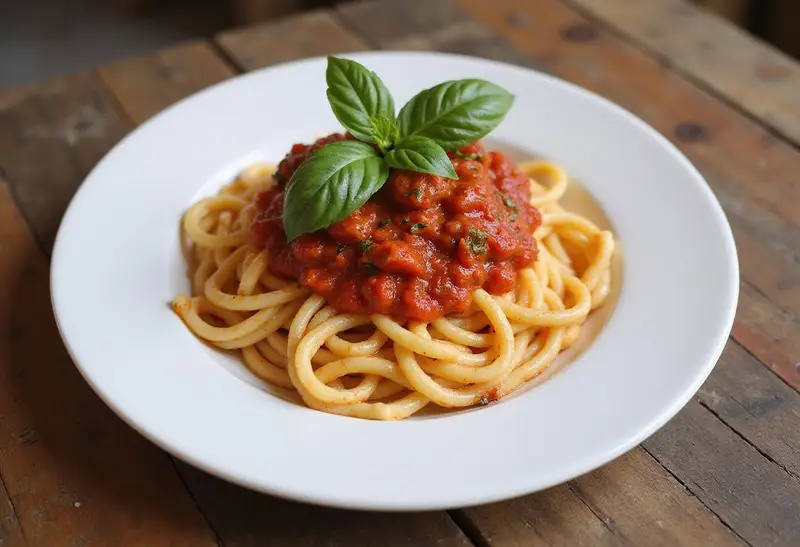 Plated pasta with rich San Marzano tomato sauce, garnished with basil, showcasing the delicious final result of the recipe.