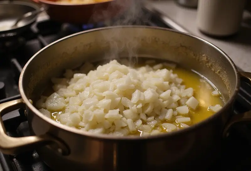 Cooking rich San Marzano tomato sauce with sautéed onions in olive oil for enhanced flavor.