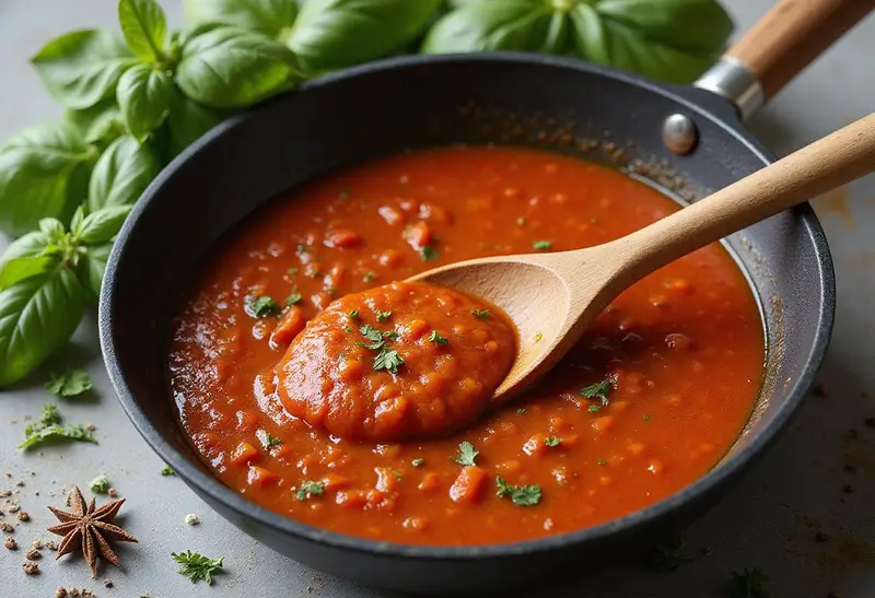 Stirring the simmering rich San Marzano tomato sauce with fresh herbs for an authentic Italian taste.