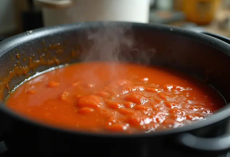 Simmering rich San Marzano tomato sauce on the stove, developing deep flavors for the perfect pasta dish.