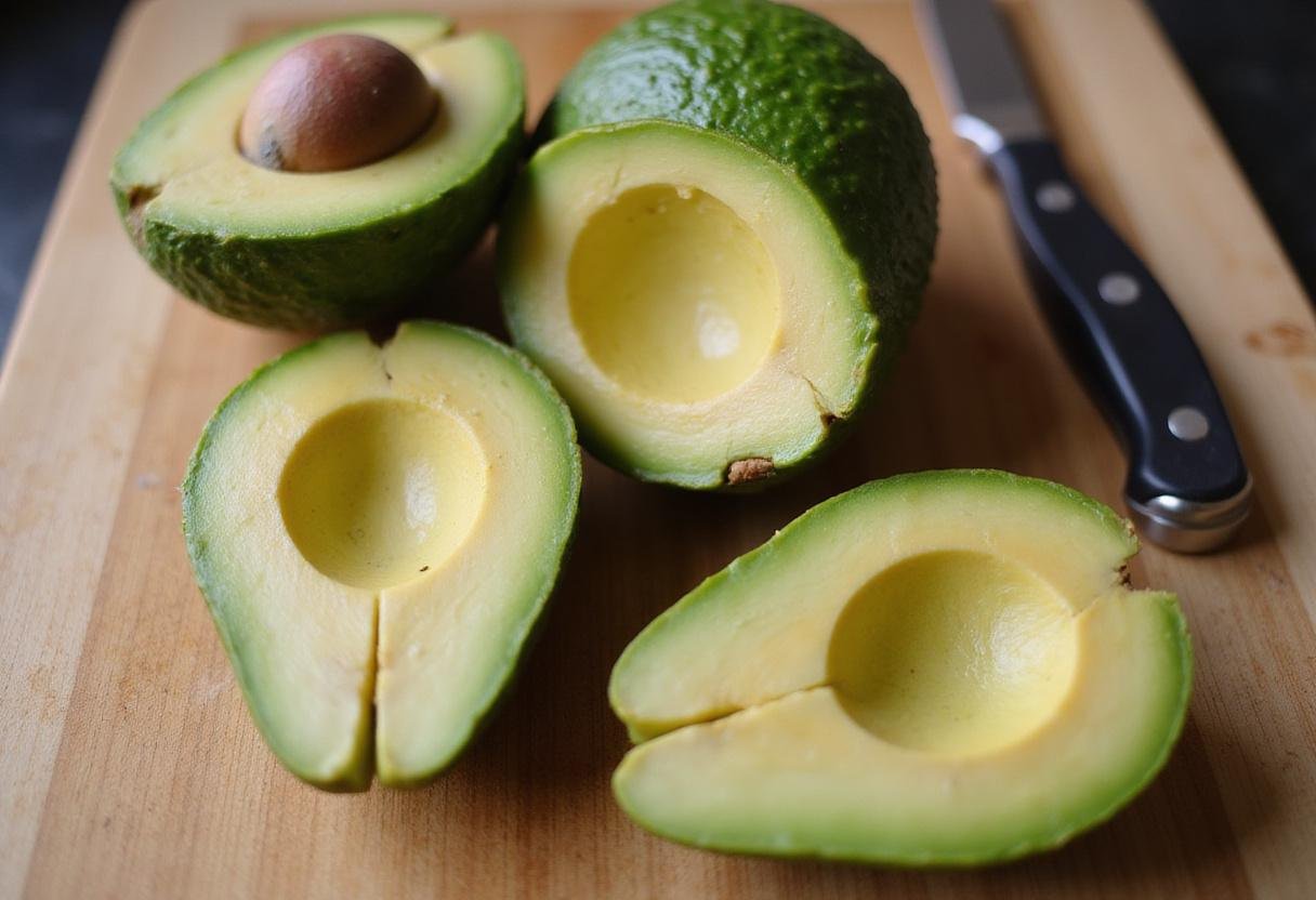 Slicing ripe Fuerte avocado on wooden cutting board, showcasing its creamy texture for Avocado Delights.