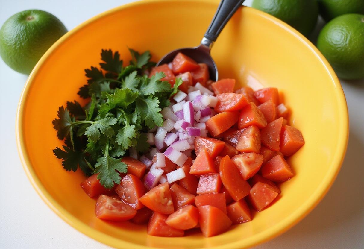 Mixing diced tomatoes, red onion, and cilantro for Ripe Fuerte Avocado Delights preparation.