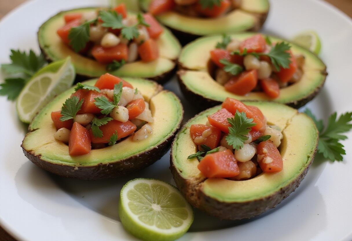 Stuffed halves of ripe Fuerte avocado with tomato and onion mix ready to delight in Ripe Avocado Delights.