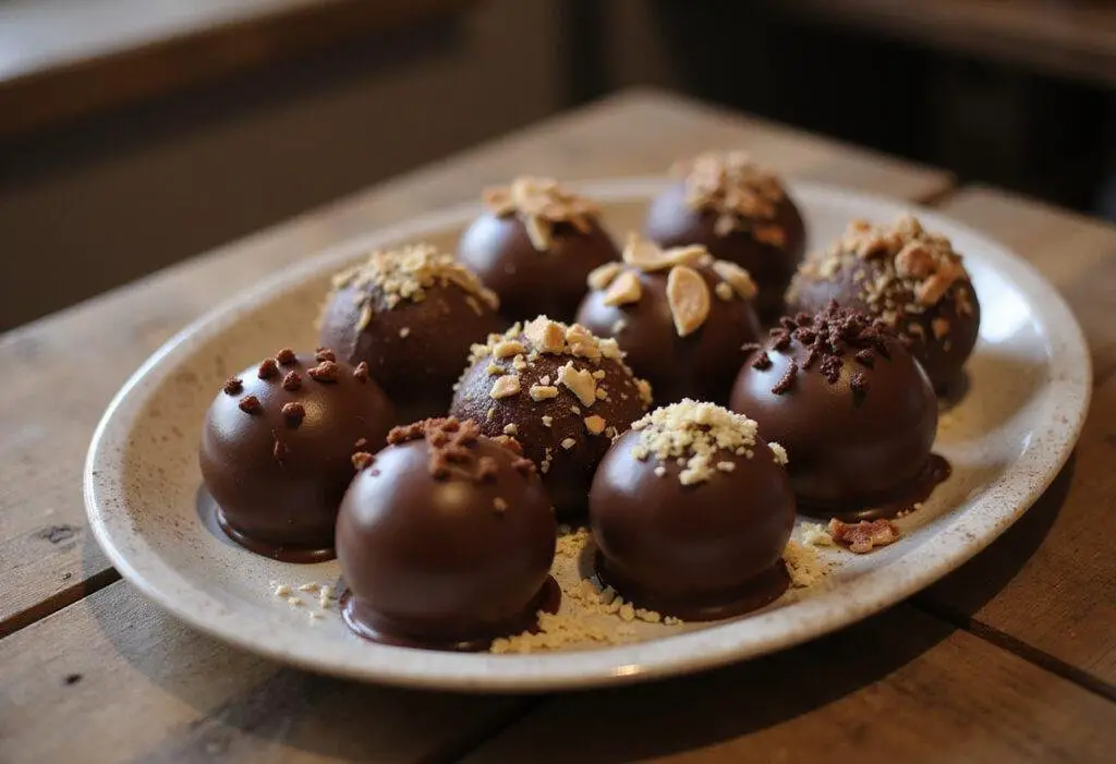 Delicious round divine chocolate orbs displayed elegantly on a platter, showcasing the final result of homemade chocolate ball candy.