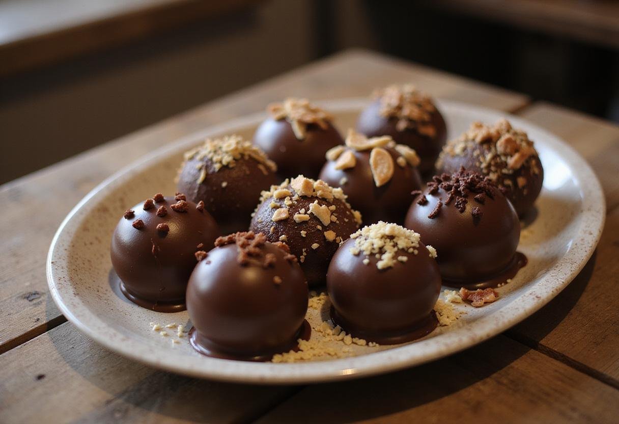 Delicious round divine chocolate orbs displayed elegantly on a platter, showcasing the final result of homemade chocolate ball candy.