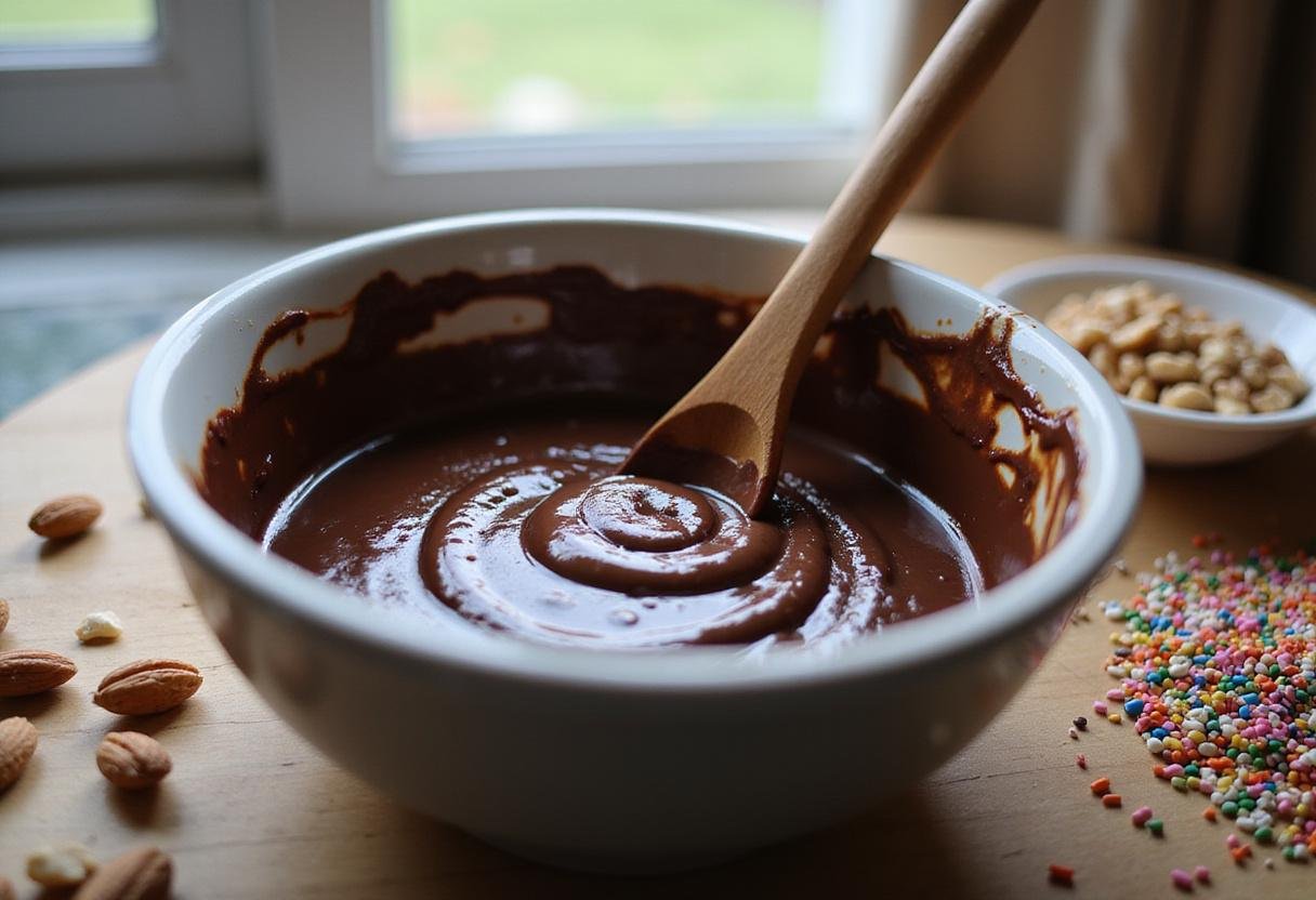 Melted dark chocolate in a bowl for delicious chocolate ball candy preparation, showcasing a cozy kitchen scene.