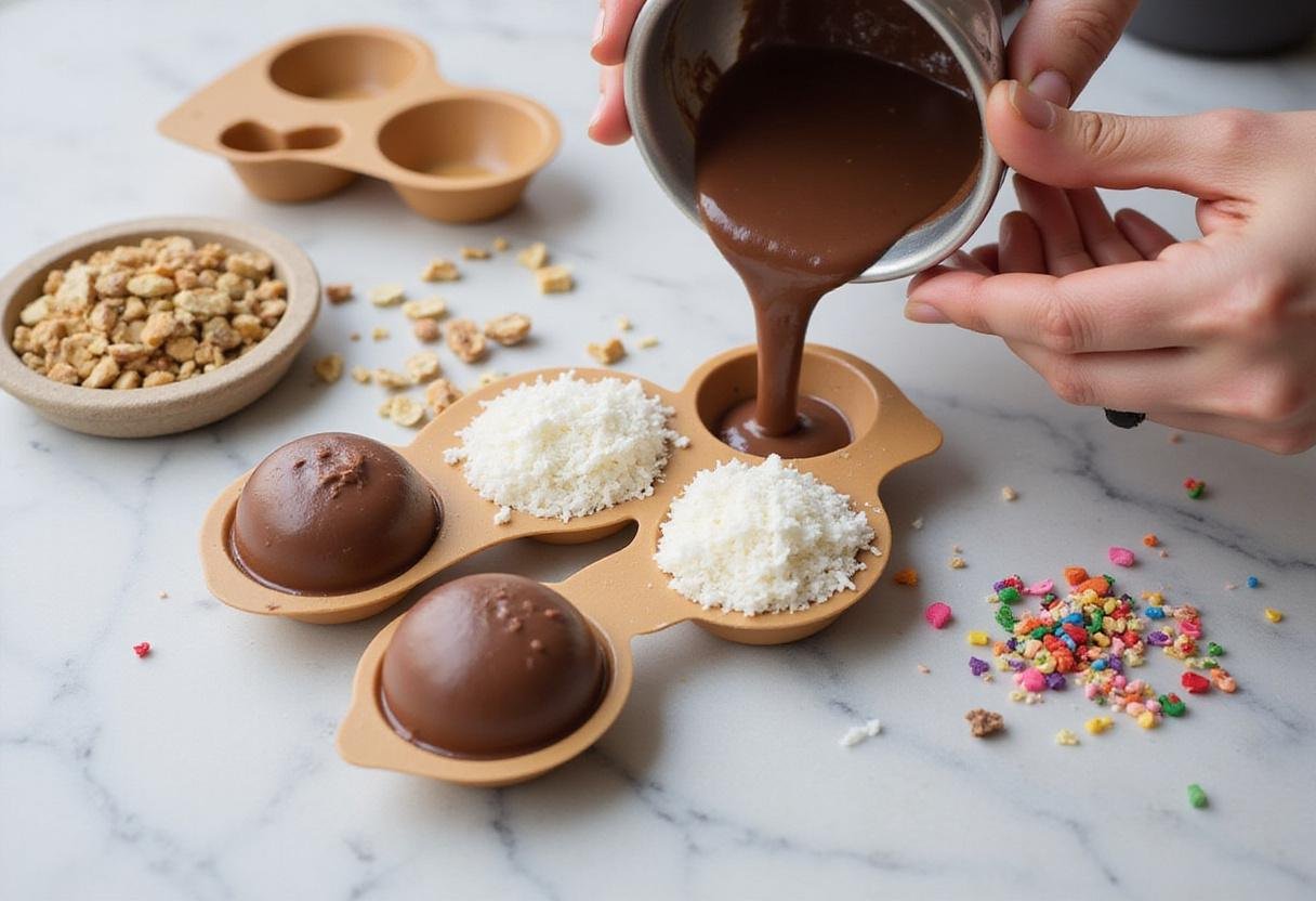 Pouring chocolate mixture into round molds to create chocolate ball candy, highlighting the creative process in a kitchen.