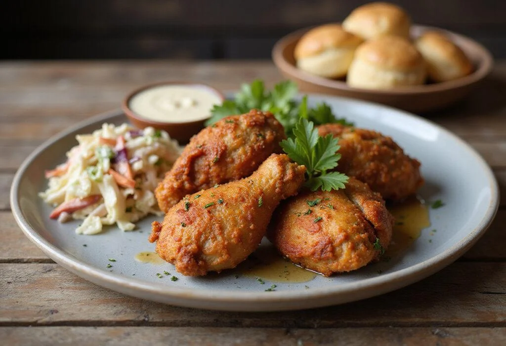 Deliciously plated Royal Farms Crispy Chicken highlighting its crispy exterior and served with classic sides.
