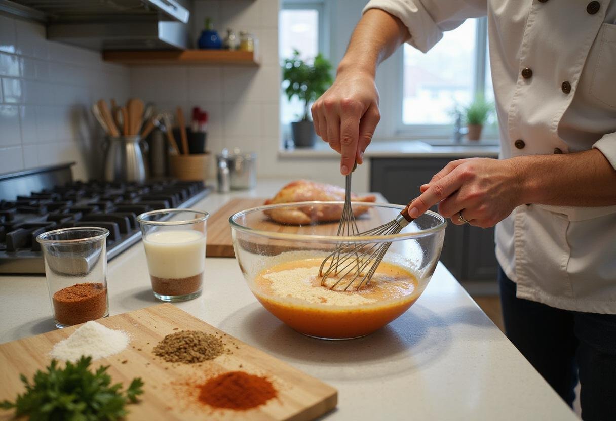 Preparing a marinade for Royal Farms Chicken with spices and buttermilk for crispy flavor.