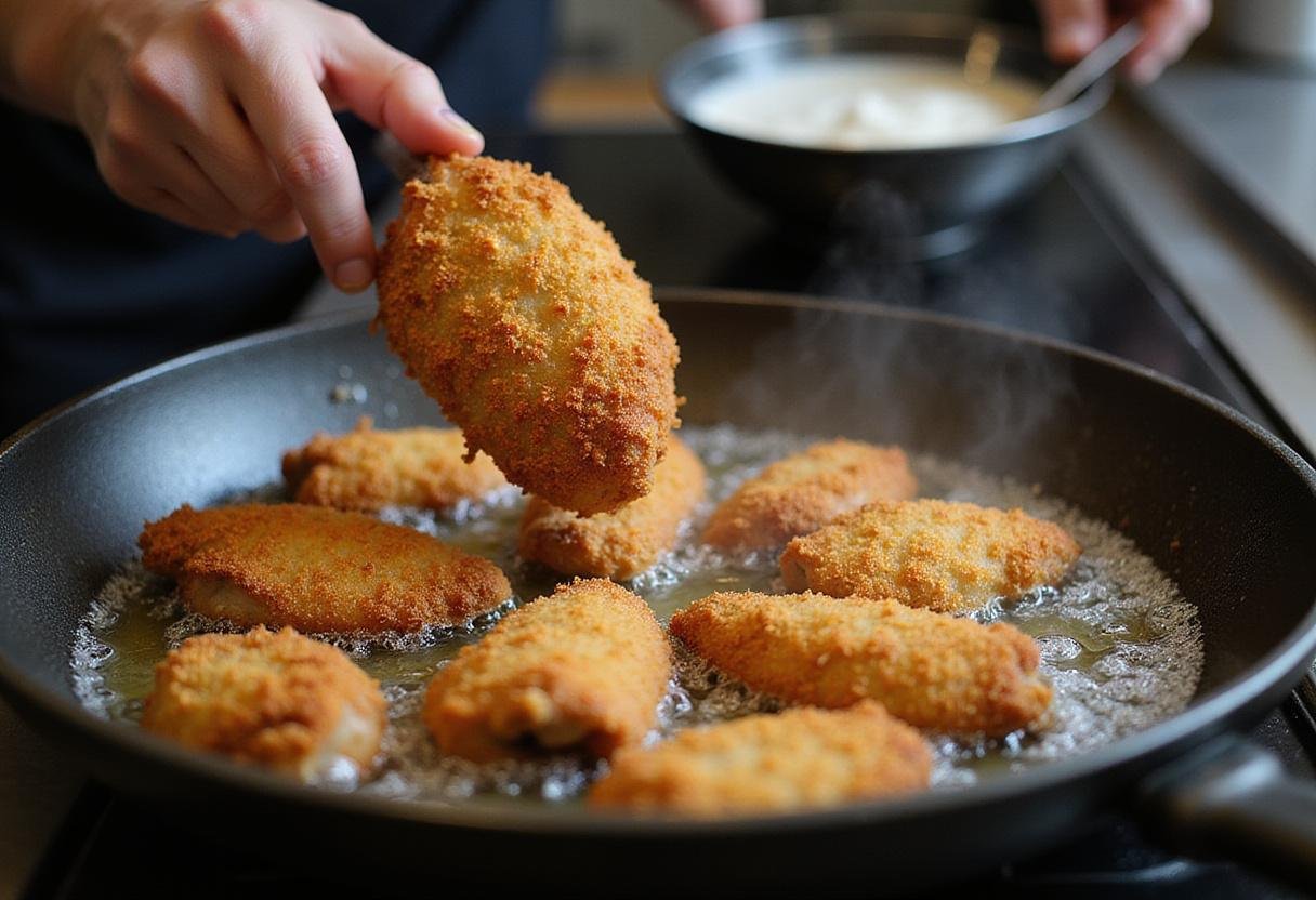 Frying breaded chicken pieces for Royal Farms Crispy Chicken to achieve a golden and crispy texture.
