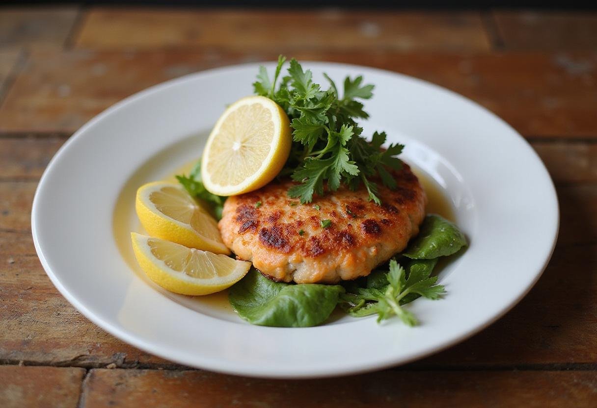 Serving the final result of the salmon patties recipe, presented on a plate with greens and lemon for a mouthwatering dish.