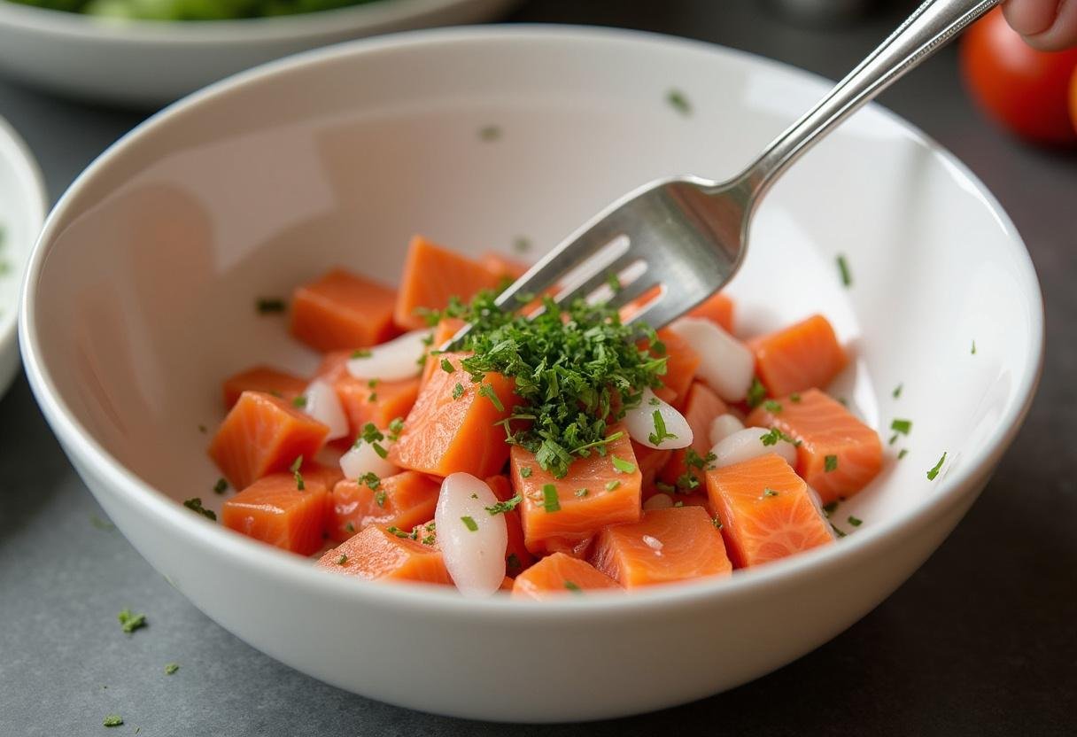 Preparing salmon patties mix with canned salmon, fresh herbs, and onions for a delicious salmon patties recipe.