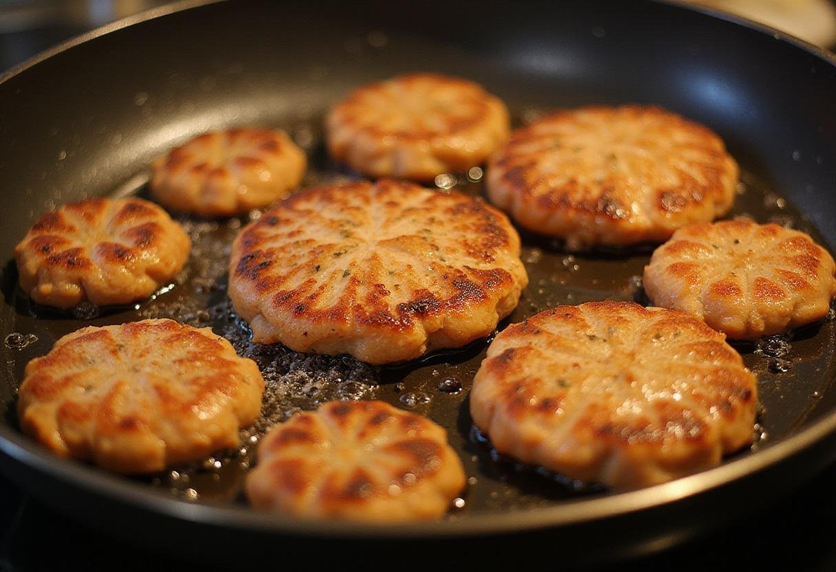 Cooking salmon patties in a hot frying pan, showcasing the delicious frying process of this salmon patties recipe.