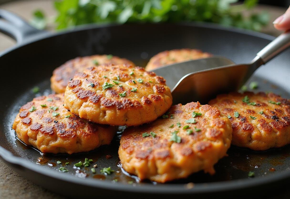 Flipping salmon patties in the frying pan, highlighting the perfect browning in this salmon patties recipe.