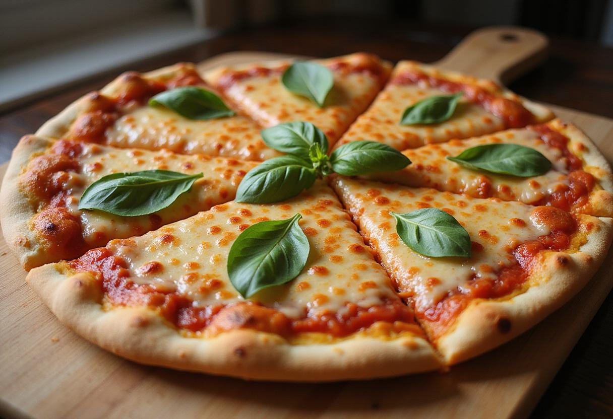 Final presentation of Sal's pizza, showcasing a bubbling, cheesy masterpiece with fresh ingredients, perfect for your pizza menu.